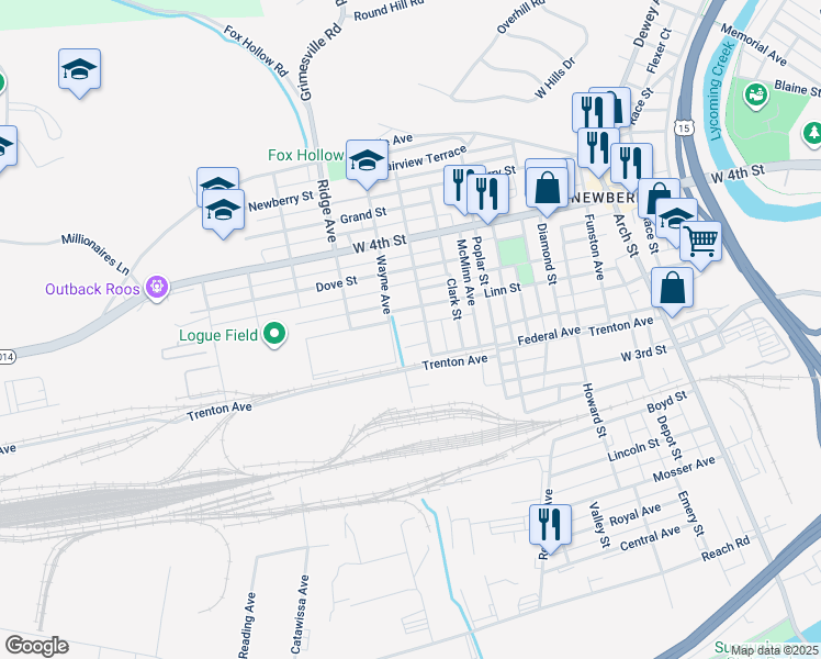 map of restaurants, bars, coffee shops, grocery stores, and more near 2413 Linn Street in Williamsport