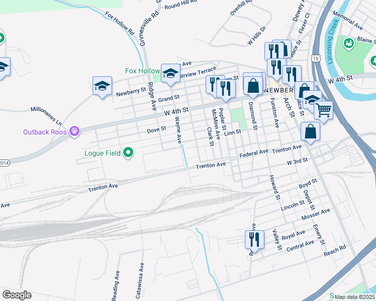 map of restaurants, bars, coffee shops, grocery stores, and more near 2413 Linn Street in Williamsport