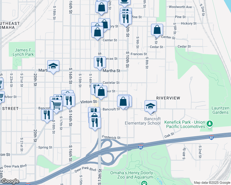 map of restaurants, bars, coffee shops, grocery stores, and more near 2412 South 11th Street in Omaha