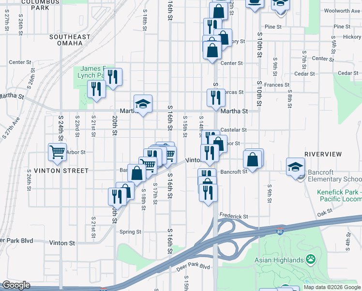 map of restaurants, bars, coffee shops, grocery stores, and more near 2413 South 16th Street in Omaha
