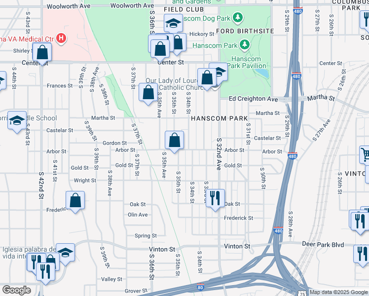 map of restaurants, bars, coffee shops, grocery stores, and more near 2337 South 35th Street in Omaha