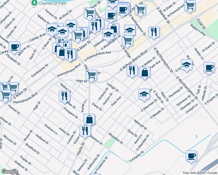 map of restaurants, bars, coffee shops, grocery stores, and more near 99 Lehigh Street in Wilkes-Barre