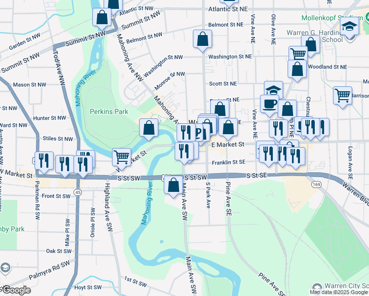map of restaurants, bars, coffee shops, grocery stores, and more near 143 Mahoning Avenue in Niles