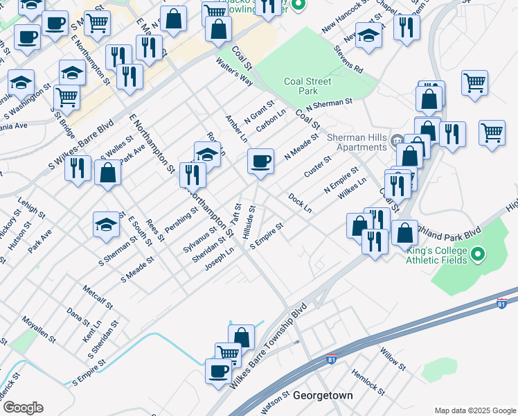 map of restaurants, bars, coffee shops, grocery stores, and more near 27 Oakwood Lane in Wilkes-Barre