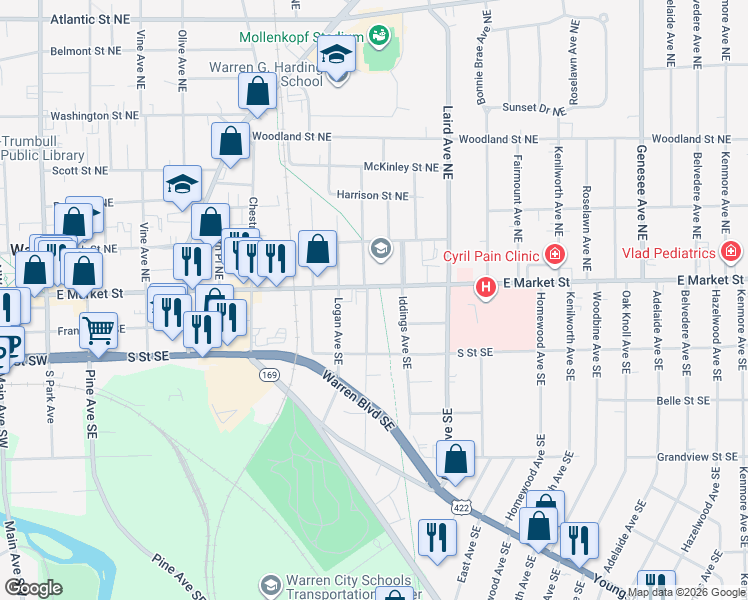 map of restaurants, bars, coffee shops, grocery stores, and more near 1154 East Market Street in Warren