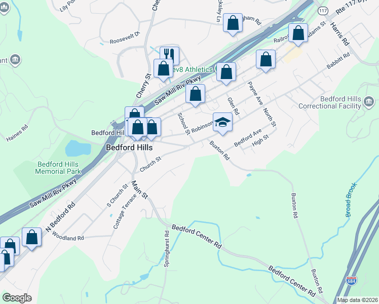 map of restaurants, bars, coffee shops, grocery stores, and more near 94 Babbitt Road in Bedford Hills