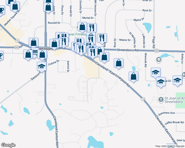 map of restaurants, bars, coffee shops, grocery stores, and more near 9059 Ohio 14 in Streetsboro