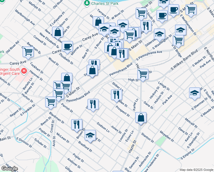 map of restaurants, bars, coffee shops, grocery stores, and more near 158 High Street in Wilkes-Barre