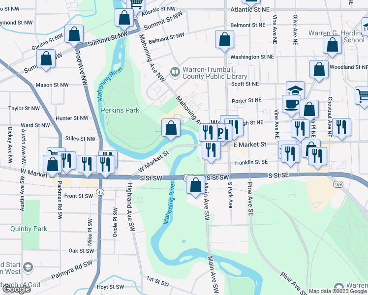 map of restaurants, bars, coffee shops, grocery stores, and more near 295 West Market Street in Warren