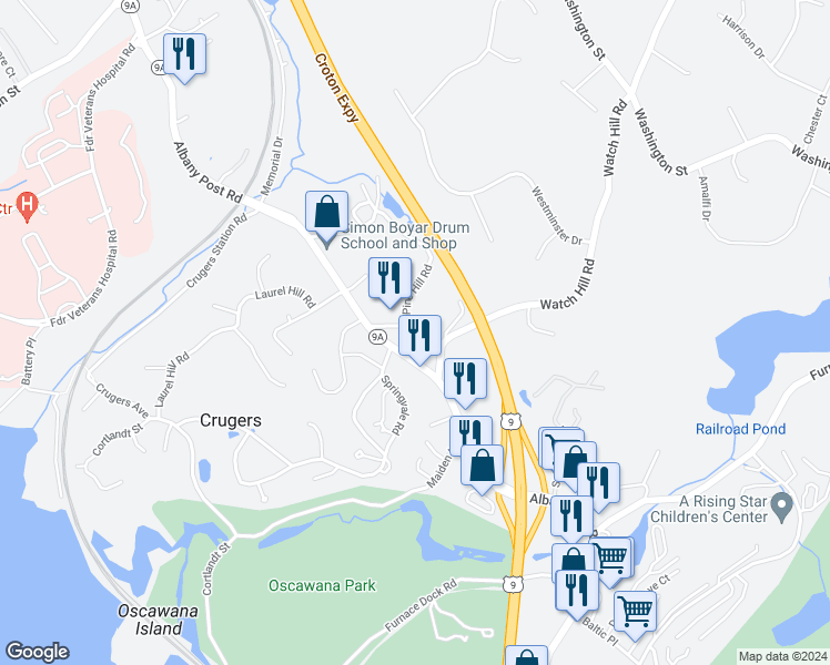 map of restaurants, bars, coffee shops, grocery stores, and more near 9 Old Albany Post Road in Croton-on-Hudson