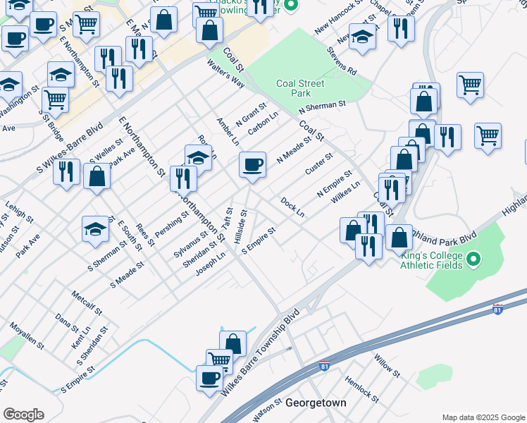 map of restaurants, bars, coffee shops, grocery stores, and more near 26 Grove Lane in Wilkes-Barre