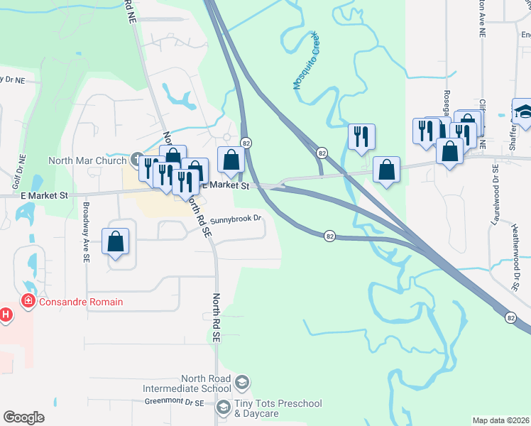 map of restaurants, bars, coffee shops, grocery stores, and more near 4387 Sunnybrook Drive in Warren