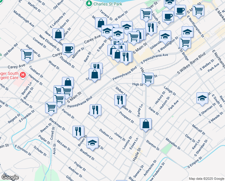 map of restaurants, bars, coffee shops, grocery stores, and more near 11 McCarragher Street in Wilkes-Barre