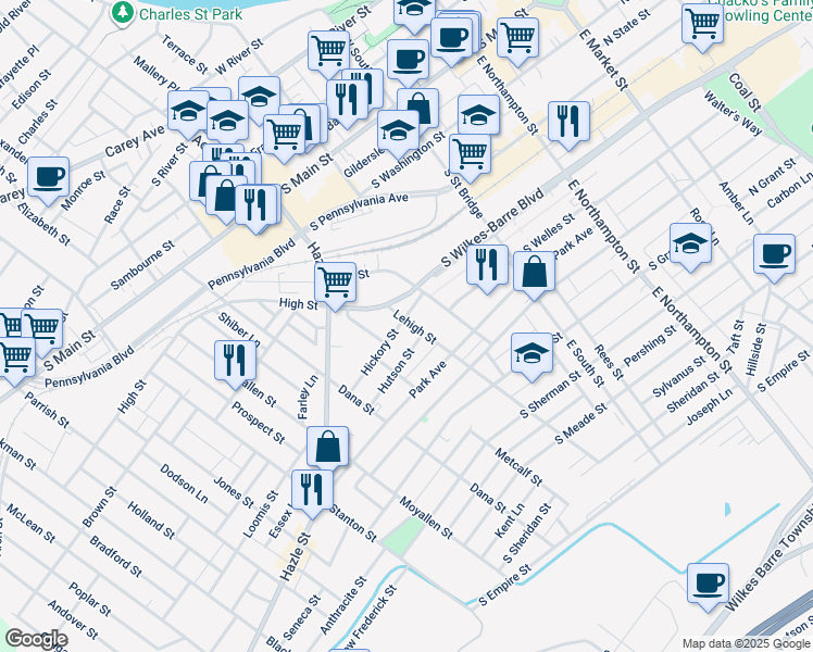 map of restaurants, bars, coffee shops, grocery stores, and more near 101 Lehigh Street in Wilkes-Barre