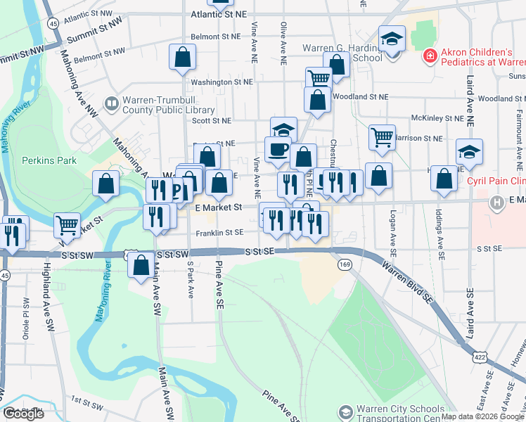 map of restaurants, bars, coffee shops, grocery stores, and more near 406 East Market Street in Warren