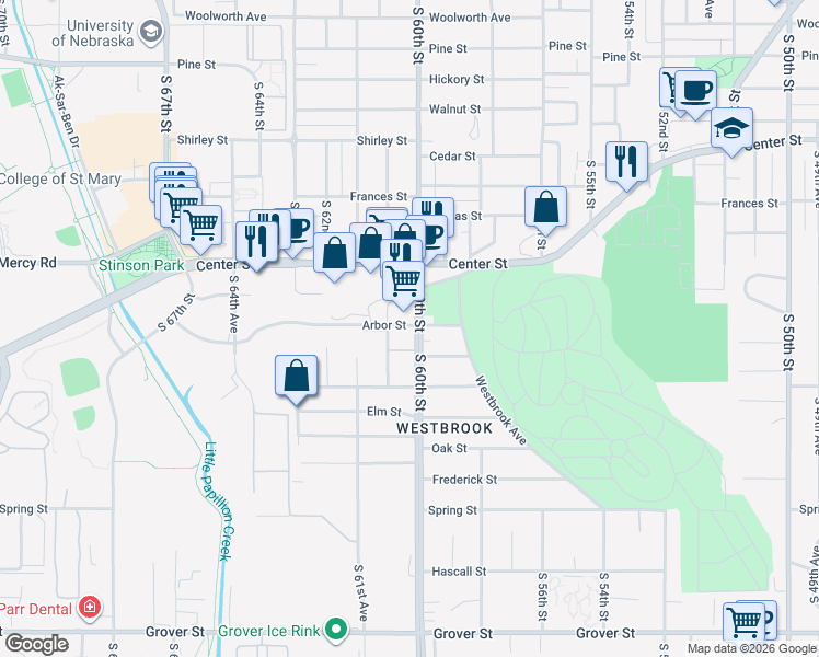 map of restaurants, bars, coffee shops, grocery stores, and more near 2425 South 60th Street in Omaha