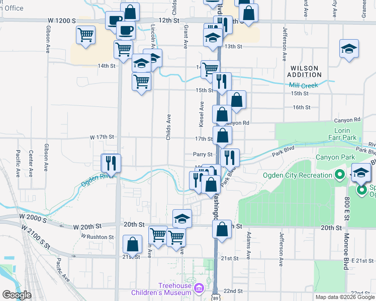 map of restaurants, bars, coffee shops, grocery stores, and more near 302 Parry Street in Ogden