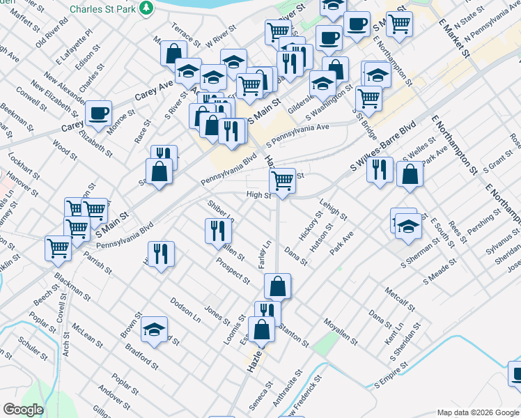 map of restaurants, bars, coffee shops, grocery stores, and more near 163 Hazle Street in Wilkes-Barre