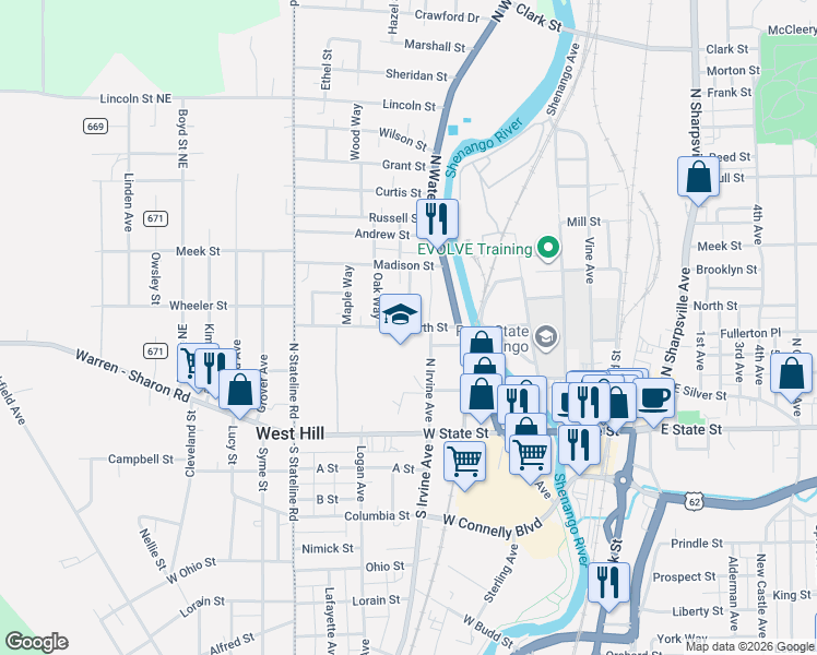 map of restaurants, bars, coffee shops, grocery stores, and more near 251 North Irvine Avenue in Sharon