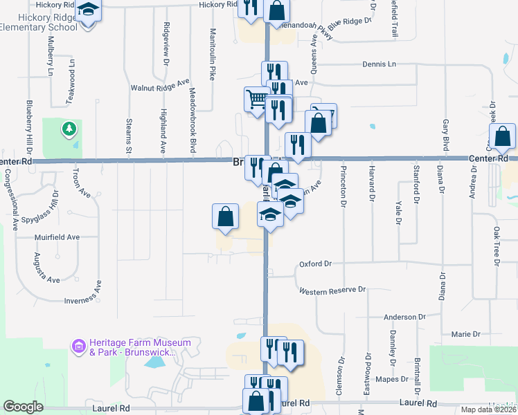 map of restaurants, bars, coffee shops, grocery stores, and more near 1442 Pearl Road in Brunswick