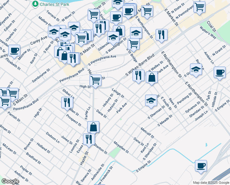 map of restaurants, bars, coffee shops, grocery stores, and more near 99 Lehigh Street in Wilkes-Barre
