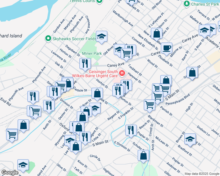 map of restaurants, bars, coffee shops, grocery stores, and more near 173 Horton Street in Wilkes-Barre
