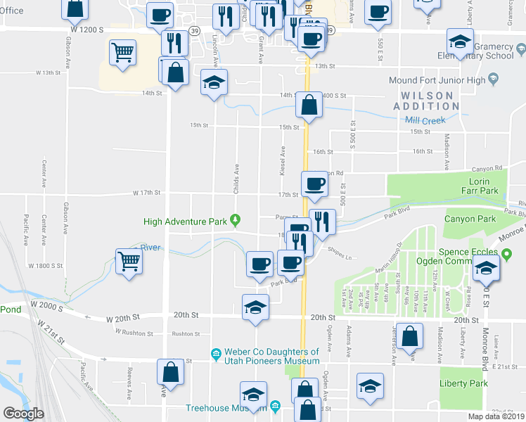 map of restaurants, bars, coffee shops, grocery stores, and more near 331 17th Street in Ogden