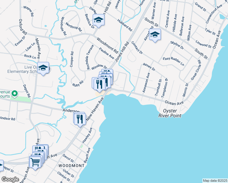map of restaurants, bars, coffee shops, grocery stores, and more near 74 Ocean Avenue in West Haven