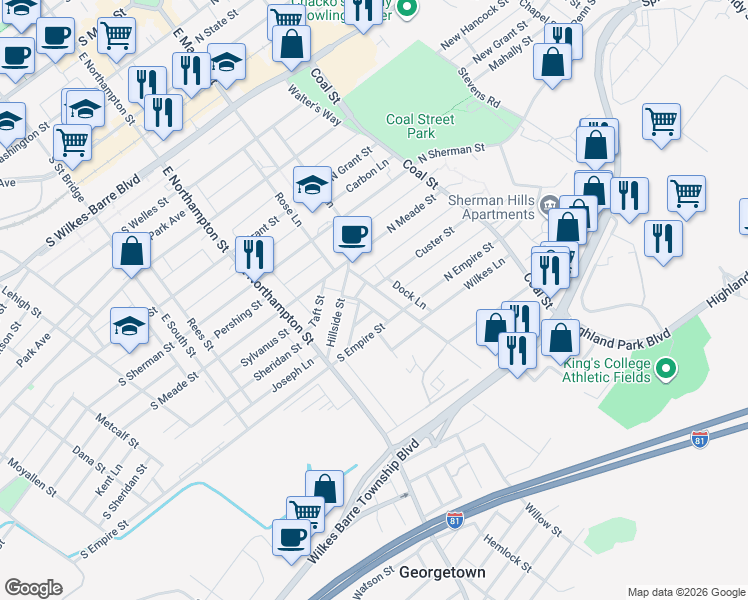 map of restaurants, bars, coffee shops, grocery stores, and more near 19 Custer Street in Wilkes-Barre