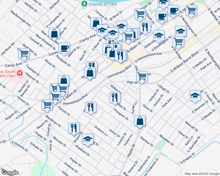 map of restaurants, bars, coffee shops, grocery stores, and more near 18 McCarragher Street in Wilkes-Barre