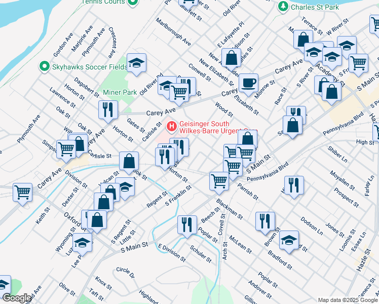 map of restaurants, bars, coffee shops, grocery stores, and more near 44 Rowland Street in Wilkes-Barre