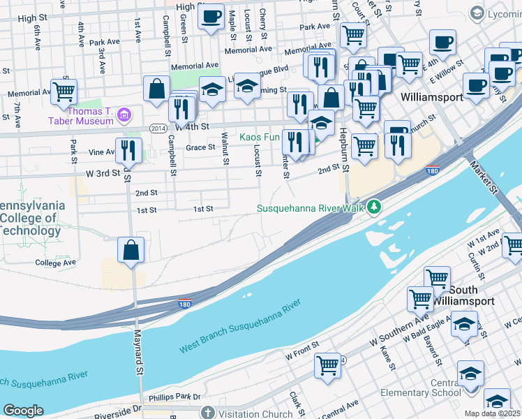 map of restaurants, bars, coffee shops, grocery stores, and more near 186 Locust Street in Williamsport