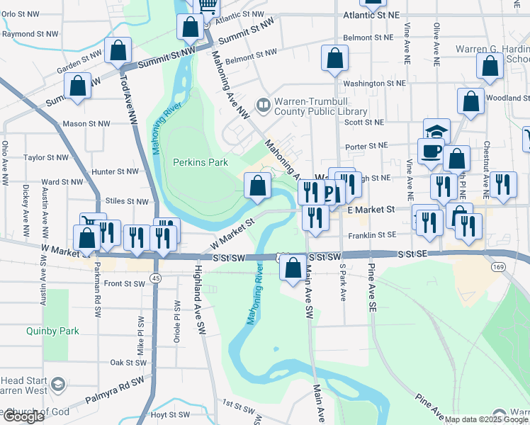 map of restaurants, bars, coffee shops, grocery stores, and more near 342 West Market Street in Newton Falls