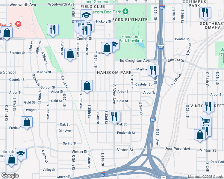 map of restaurants, bars, coffee shops, grocery stores, and more near 2333 South 33rd Street in Omaha