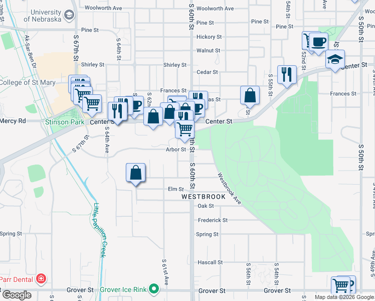 map of restaurants, bars, coffee shops, grocery stores, and more near 2425 South 60th Street in Omaha