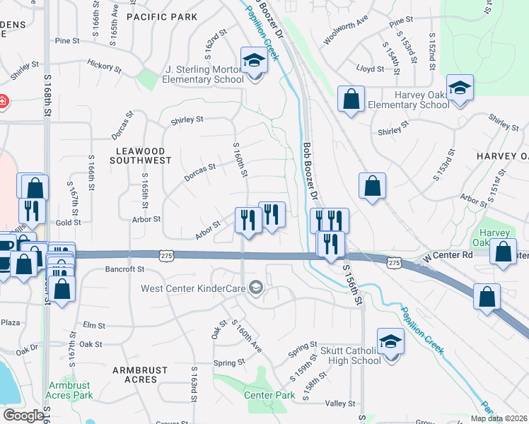 map of restaurants, bars, coffee shops, grocery stores, and more near 15926 Arbor Circle in Omaha
