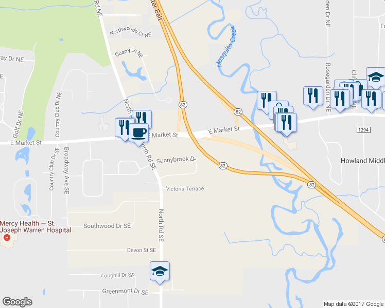 map of restaurants, bars, coffee shops, grocery stores, and more near 4387 Sunnybrook Drive in Warren