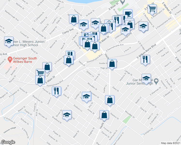 map of restaurants, bars, coffee shops, grocery stores, and more near 78 Dana Street in Wilkes-Barre