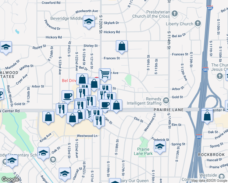 map of restaurants, bars, coffee shops, grocery stores, and more near 11926 Arbor Street in Omaha