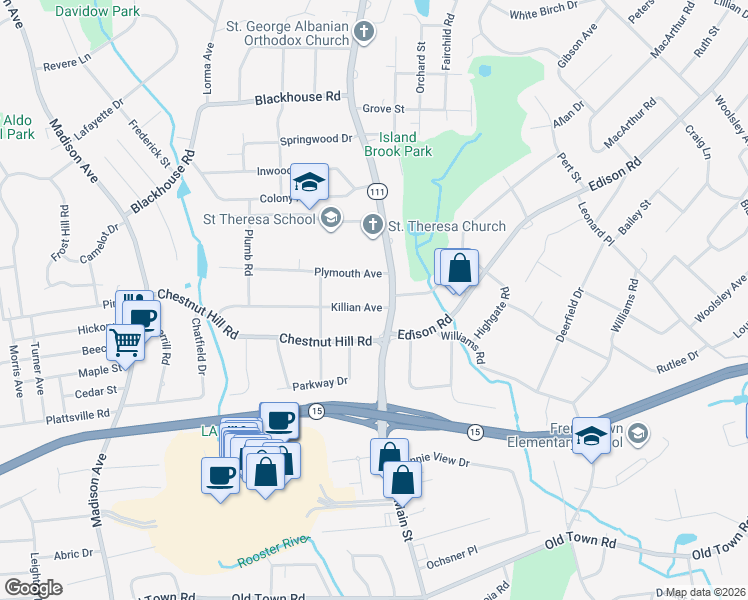 map of restaurants, bars, coffee shops, grocery stores, and more near 24 Plymouth Avenue in Trumbull