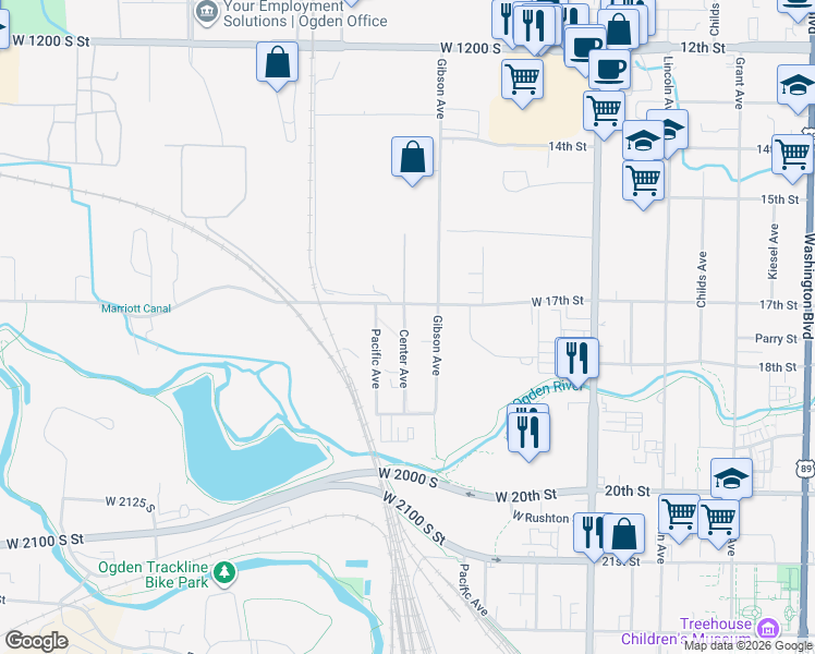 map of restaurants, bars, coffee shops, grocery stores, and more near 343 West 17th Street in Ogden