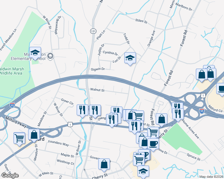 map of restaurants, bars, coffee shops, grocery stores, and more near 20 Vernon Court in Milford