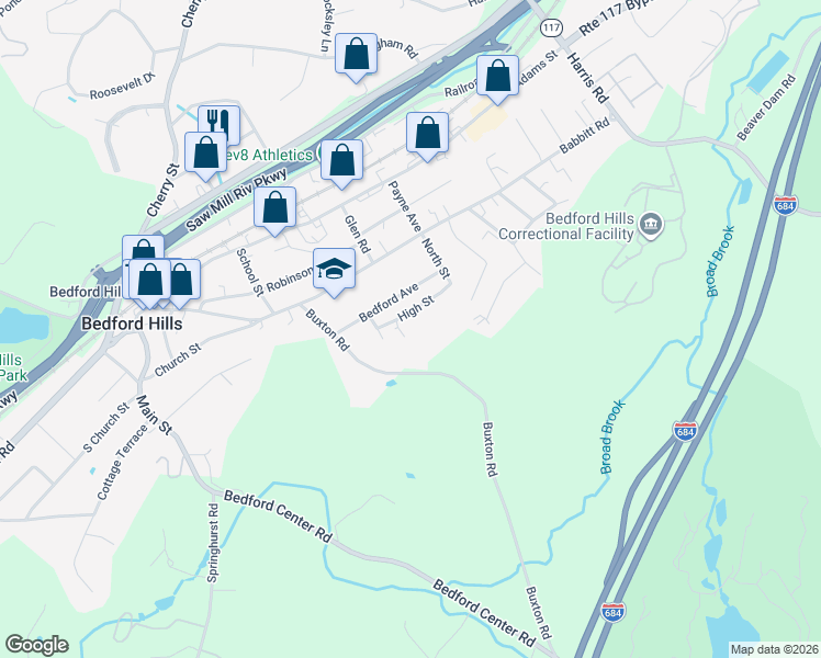 map of restaurants, bars, coffee shops, grocery stores, and more near 25 Bedford Avenue in Bedford Hills