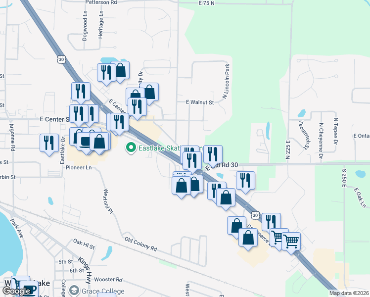 map of restaurants, bars, coffee shops, grocery stores, and more near 98 North Beechwood Street in Warsaw