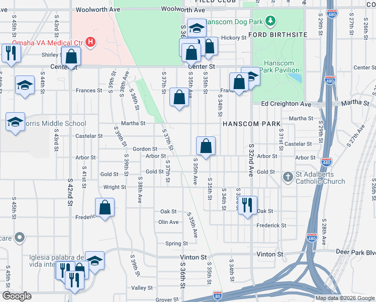 map of restaurants, bars, coffee shops, grocery stores, and more near 2339 South 35th Avenue in Omaha