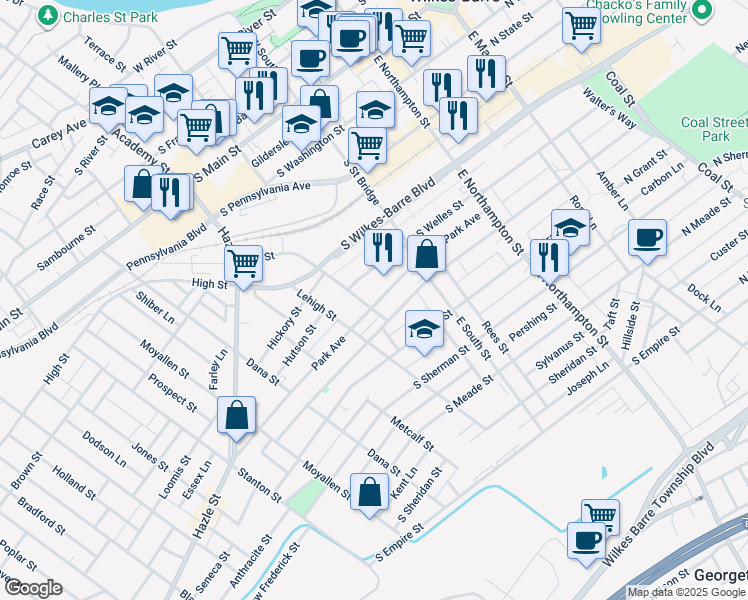 map of restaurants, bars, coffee shops, grocery stores, and more near 171 Park Avenue in Wilkes-Barre