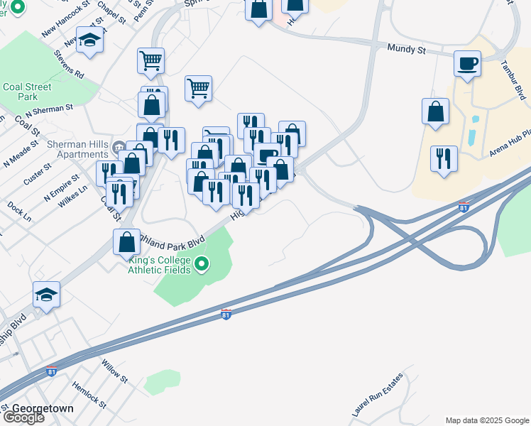 map of restaurants, bars, coffee shops, grocery stores, and more near Schechter Drive in Wilkes-Barre Township