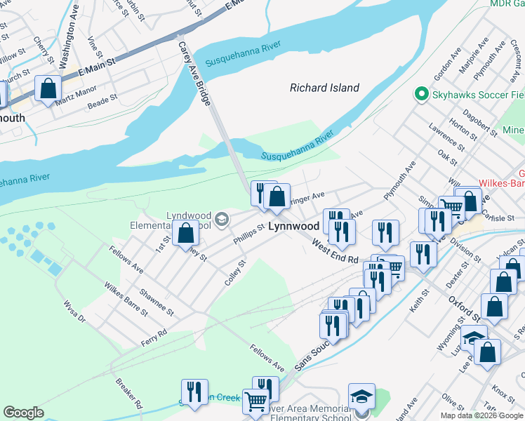 map of restaurants, bars, coffee shops, grocery stores, and more near 60 Van Horn Street in Wilkes-Barre