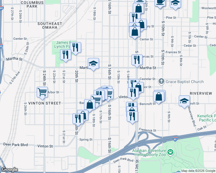 map of restaurants, bars, coffee shops, grocery stores, and more near 2413 South 16th Street in Omaha