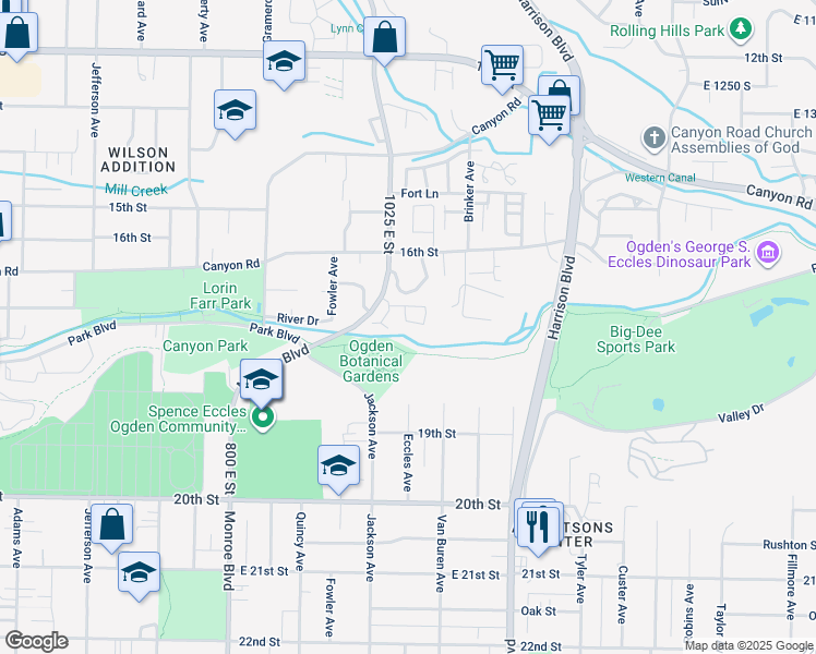 map of restaurants, bars, coffee shops, grocery stores, and more near 1681 1055 East in Ogden